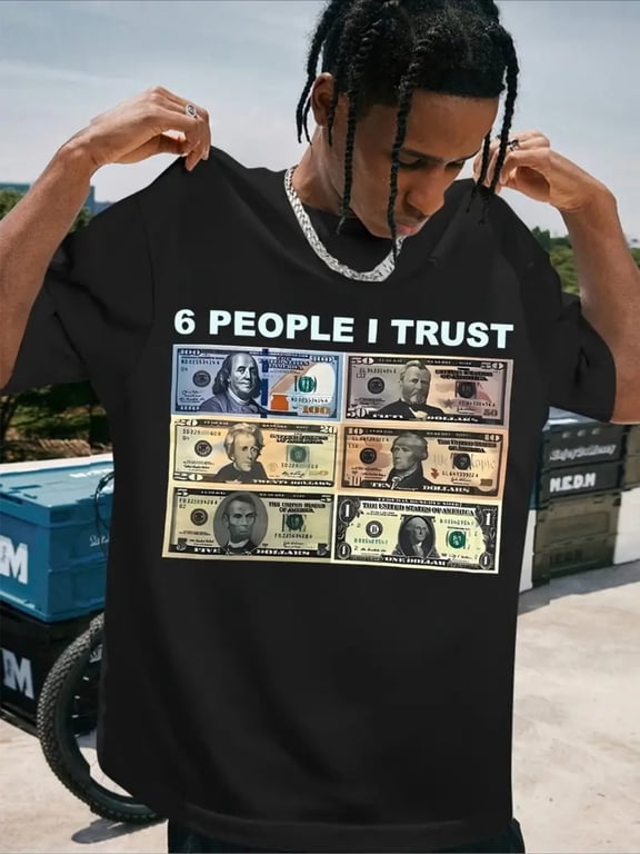 Men’s “6 People I Trust” Retro Loose Round Neck Short Sleeve Breathable Sweat-Absorbent Bold Dollar Bill Print T-Shirt, Machine Washable All-Season