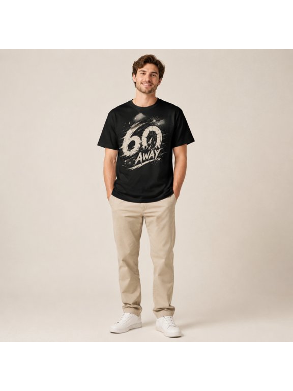 Men's 60 Away Mountain Graphic T-Shirt, Black Short Sleeve Crew Neck Casual Tee for Summer Outdoor Travel Gift
