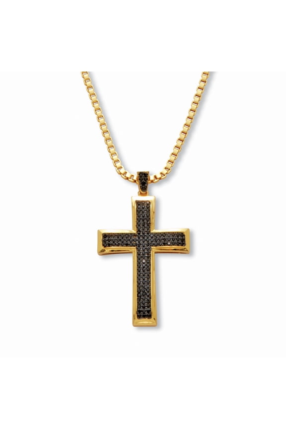 Men's .65 TCW Black Cubic Zirconia Cross Pendant Necklace Gold-Plated 24 Inches