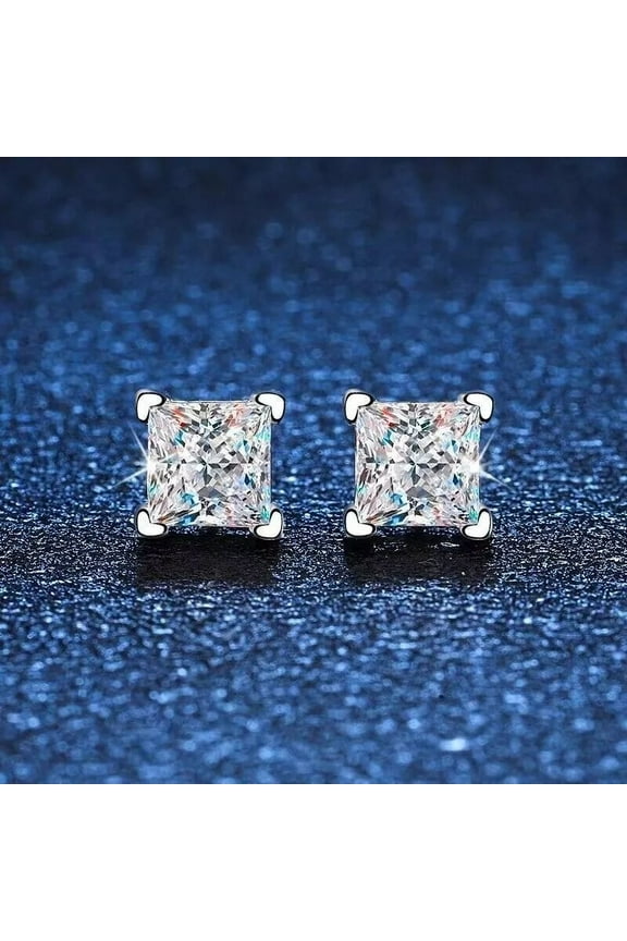 "Mens 6MM Princess Cut Moissanite Stud Earrings | 14K White Gold Plated Silver | Stylish & Durable"