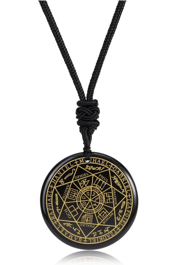 Men's 7 Archangel Seal Medal Talisman Obsidian Necklace Natural Crystals Stones Chain Talisman Pendant Amulet Magic Protective Chain Male Jewellery Lucky Charm