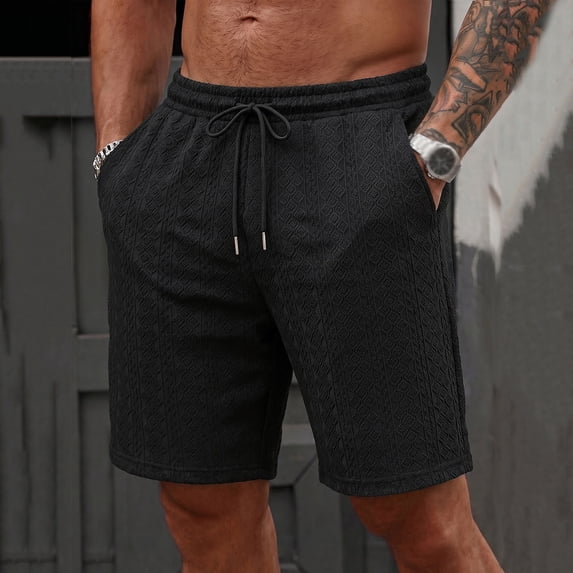 Men's 7-Inch Jacquard Knit Sweat Shorts, Elastic Waist Drawstring Shorts with Embossed Texture, Soft Breathable Summer Vacation Beach Shorts with Pockets Black