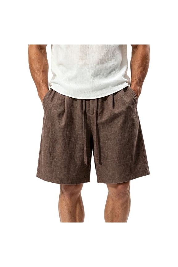 Men's 7 Inch Pull on Linen Short Loose Bermuda Shorts Summer Beach Short Pants Big and Tall Size M-5XL Coffee