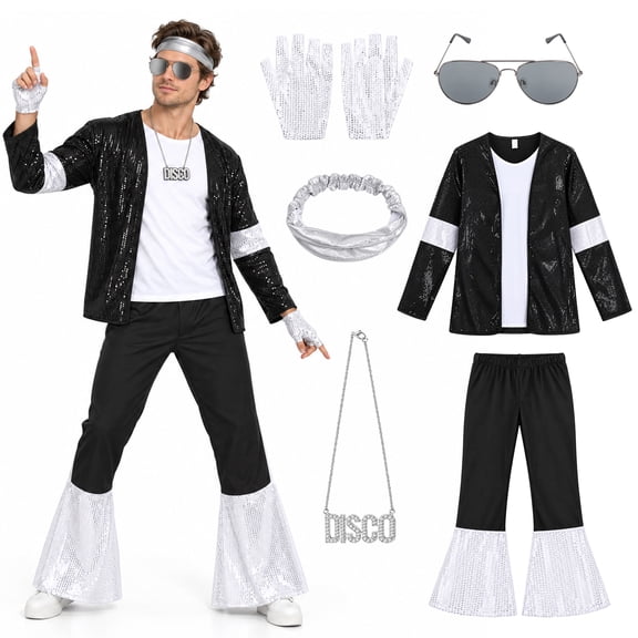 Men's 70s Disco Costume Set, Retro Disco Outfit with Sequin Jacket, Bell Bottom Pants and Accessories