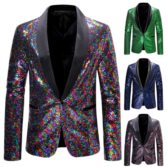 Men's 70s Disco Jacket Sequin Blazer Shiny Party Prom Outfit Slim Fit Shawl Collar One Button Suit Jacket For Wedding
