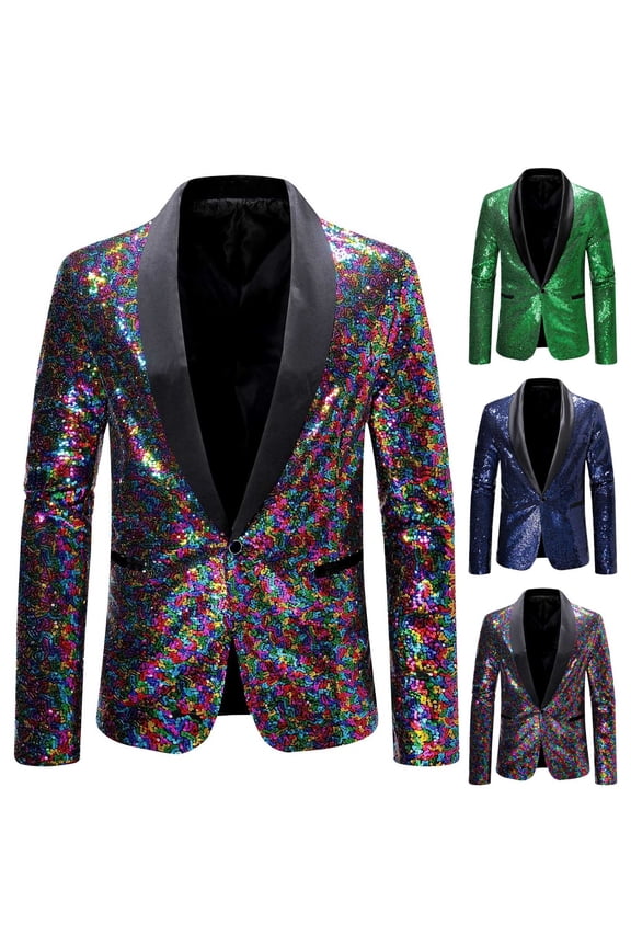 Men's 70s Disco Jacket Sequin Blazer Shiny Party Prom Outfit Slim Fit Shawl Collar One Button Suit Jacket For Wedding