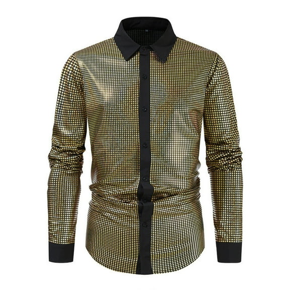 Men's 70s Disco Shirt Sequin Solid Color Long Sleeve Button Down Shirts Shiny Prom Costume