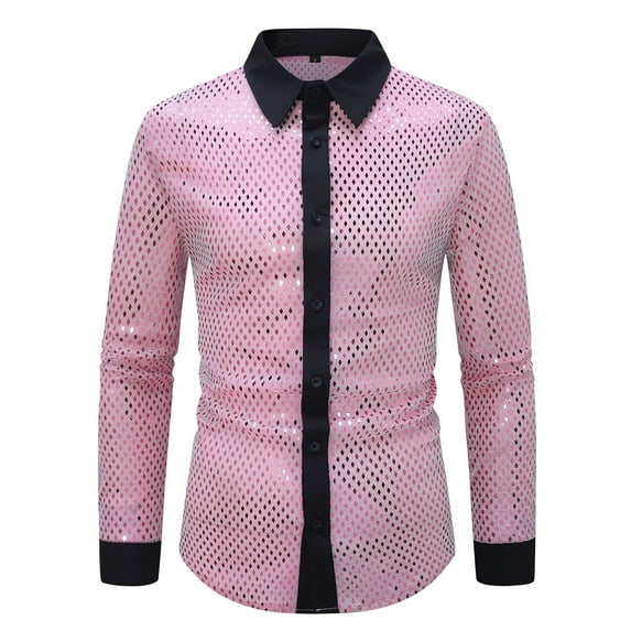 Men's 70s Disco Shirt Shiny Sequin Button Down Long Sleeve Shirts Slim Fit Shirt for Prom Party Costume