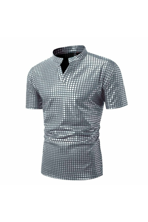 Men's 70s Disco Shirts Shiny Sequins Short Sleeve Party Polo Shirt Hipster Nightclub Prom Costume T-Shirt Silver S