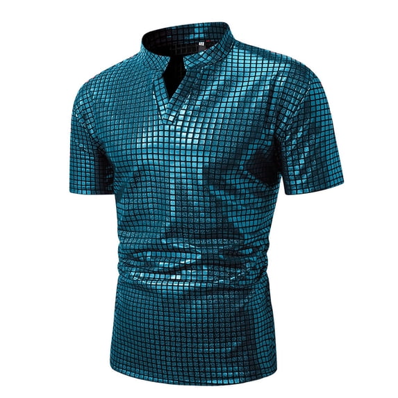 Men's 70s Disco Shirts Shiny Sequins Short Sleeve Polo Shirt Blue M