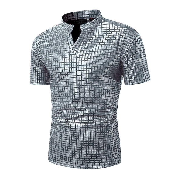 Men's 70s Disco Shirts Shiny Sequins Short Sleeve Polo Shirt Silver S