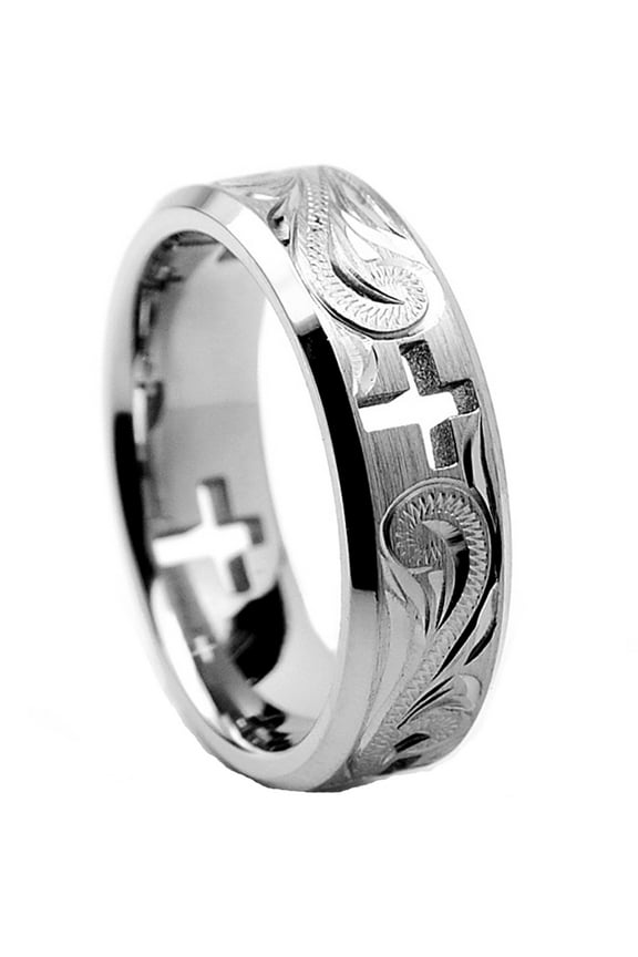 Mens 7mm Titanium Ring Wedding Band Cross Cut Out Engraved Floral Design