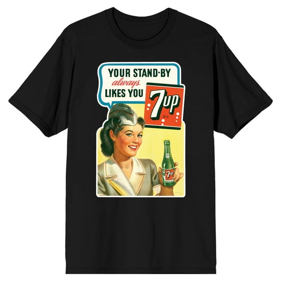 7UP Your Stand-By Always Likes You REG. U.S. PAT. OFF. woman with a Green bottle of Soft Drinks Black Short Sleeve Adult T-Shirt-6XL