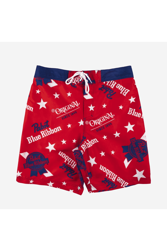 Men's 8.5" Pabst Blue Ribbon Elastic Board Swim Shorts - (Red, Small)