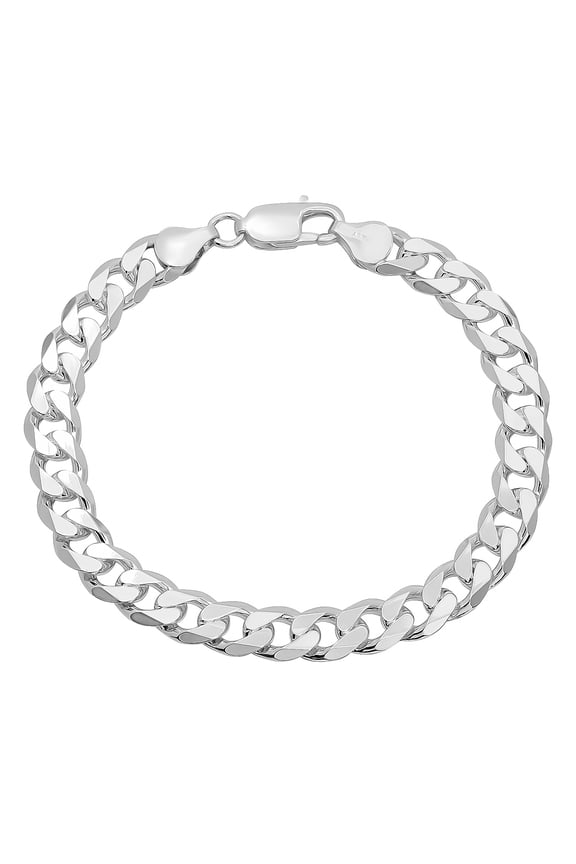 Men's 8.5mm Solid .925 Sterling Silver Flat Beveled Curb Curb Chain Link Bracelet, 8 inches