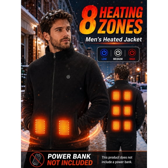 Men's 8-zone heated jacket, with 3 adjustable heating settings, warm winter zip-up jacket, suitable for daily commuting, outdoor walking, traveling, and cold weather wear, power bank not included