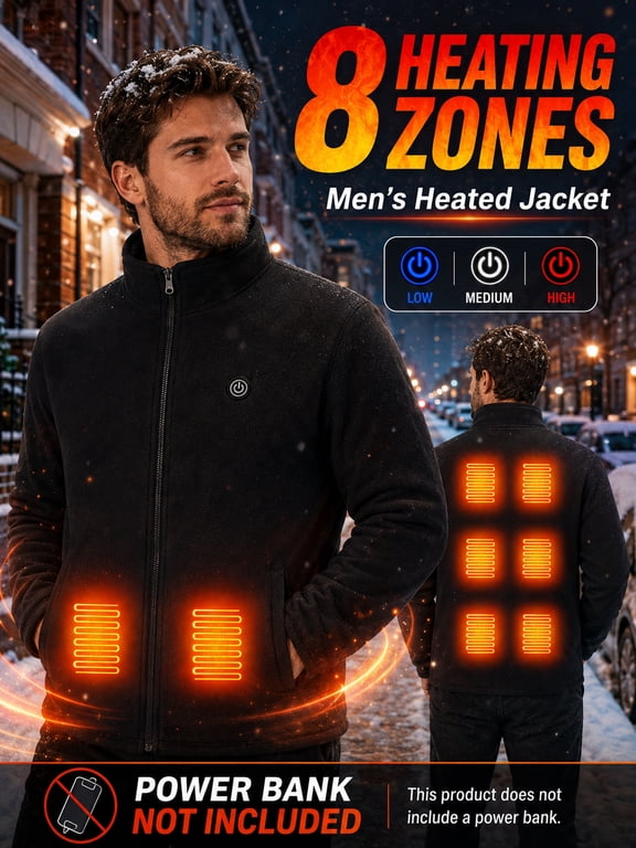 Men's 8-zone heated jacket, with 3 adjustable heating settings, warm winter zip-up jacket, suitable for daily commuting, outdoor walking, traveling, and cold weather wear, power bank not included