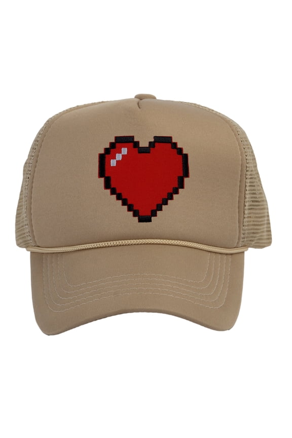 Men's 80's Retro Large 8 Bit Pixelated Heart Gamer Trucker Hat, Beige