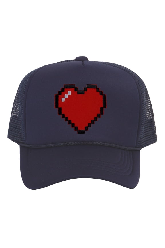 Men's 80's Retro Large 8 Bit Pixelated Heart Gamer Trucker Hat, Navy
