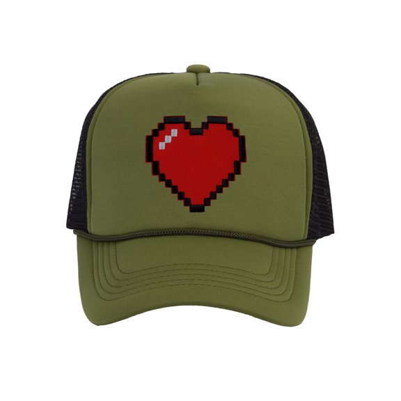 Men's 80's Retro Large 8 Bit Pixelated Heart Gamer Trucker Hat, Olive/Black