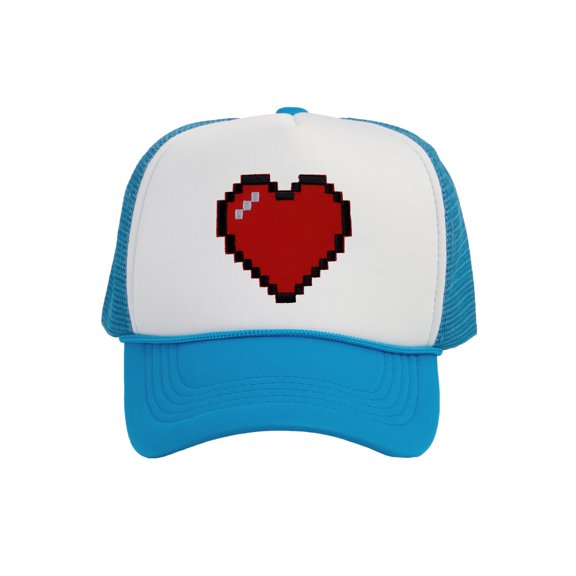 Men's 80's Retro Large 8 Bit Pixelated Heart Gamer Trucker Hat, White/Aqua