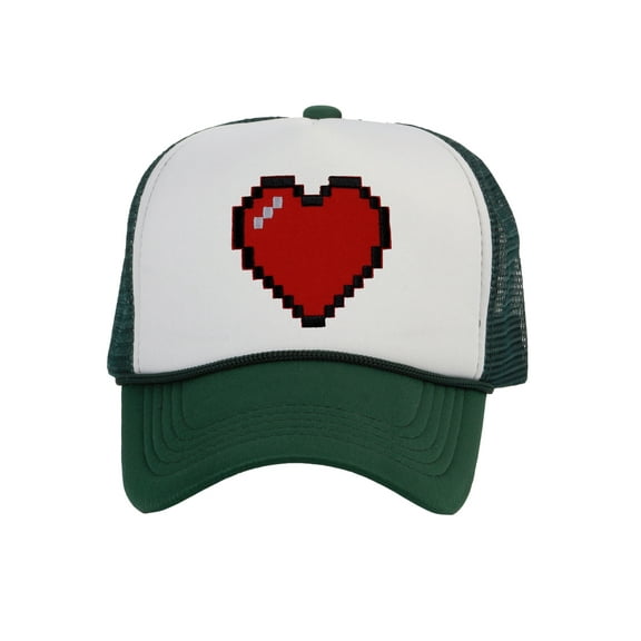 Men's 80's Retro Large 8 Bit Pixelated Heart Gamer Trucker Hat, White/Forest