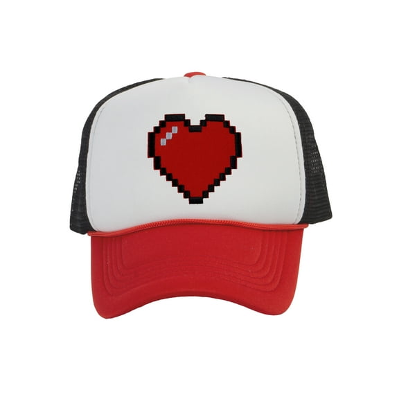 Men's 80's Retro Large 8 Bit Pixelated Heart Gamer Trucker Hat, White/Red/Black