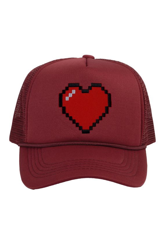 Men's 80's Retro Large 8 Bit Pixelated Heart Gamer Trucker Hat, Wine