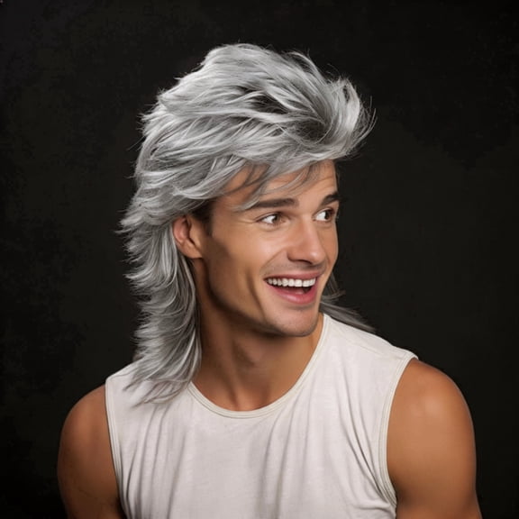 Men's 80s Mullet Wig, Grey Layered Retro Mullet Hair Wig for 70s 80s 90s Synthetic Hair Wig for Men, Natural Looking & Easy to Style