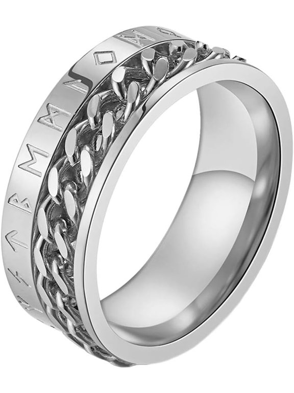 Men's 8MM Stainless Steel Chain Spinner Ring Band with Viking Rune Odin Norse Text Jewelry