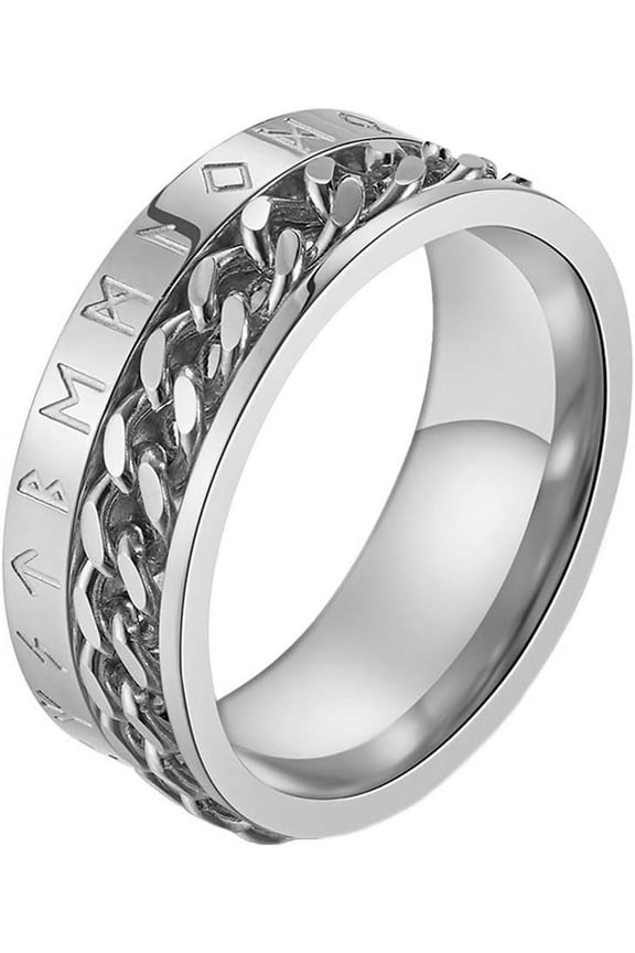 Men's 8MM Stainless Steel Chain Spinner Ring Band with Viking Rune Odin Norse Text Jewelry