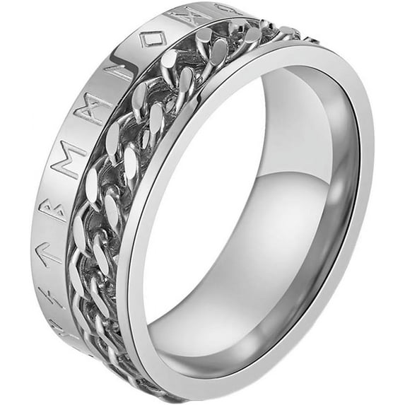 Men's 8MM Stainless Steel Chain Spinner Ring Band with Viking Rune Odin Norse Text Jewelry