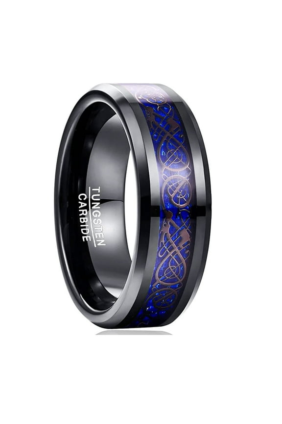 Men's 8mm Black Blue Wedding Band Celtic Dragon Tungsten Rings Carbon Fiber Inlay Beveled Edges