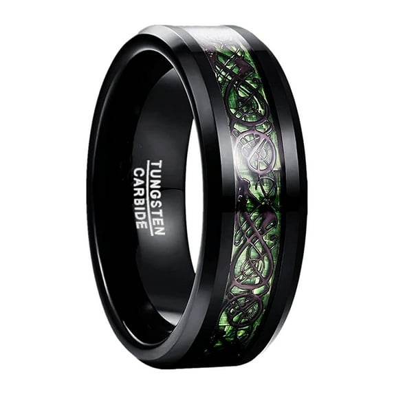 Men's 8mm Black Green Wedding Band Celtic Dragon Tungsten Rings Carbon Fiber Inlay Beveled Edges