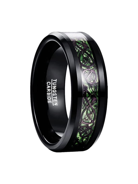 Men's 8mm Black Green Wedding Band Celtic Dragon Tungsten Rings Carbon Fiber Inlay Beveled Edges