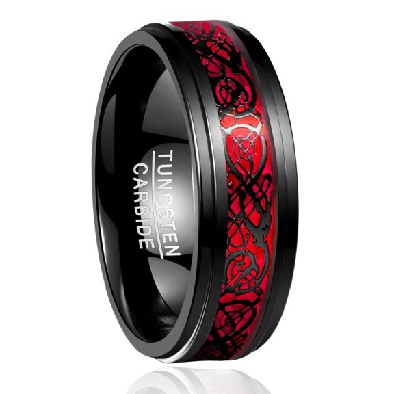 Men's 8mm Black Red Wedding Band Celtic Dragon Tungsten Rings Opal Paper Inlay Step Edges