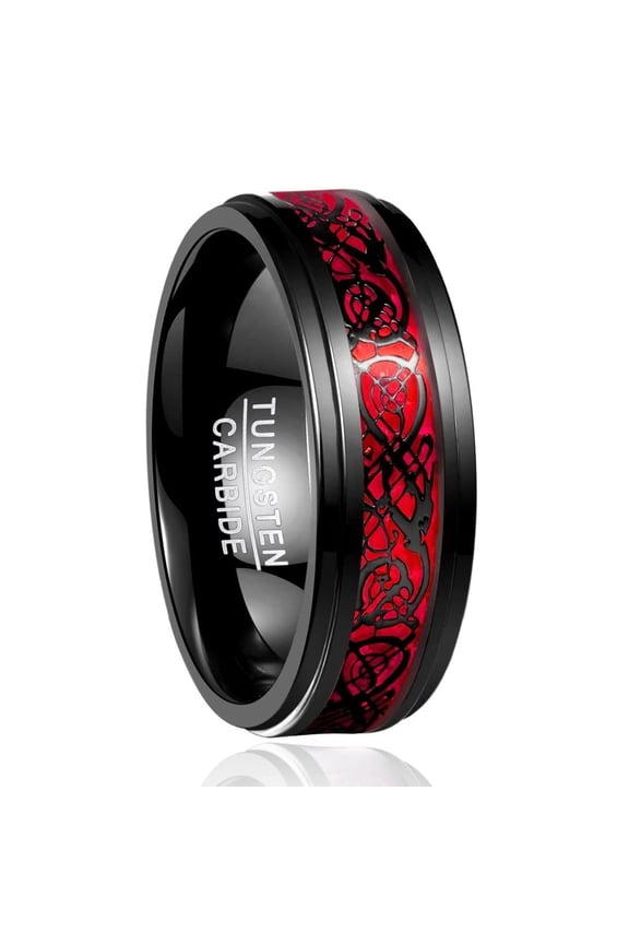 Men's 8mm Black Red Wedding Band Celtic Dragon Tungsten Rings Opal Paper Inlay Step Edges