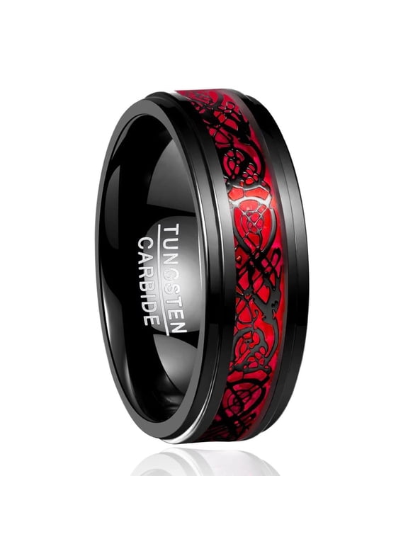 Men's 8mm Black Red Wedding Band Celtic Dragon Tungsten Rings Opal Paper Inlay Step Edges
