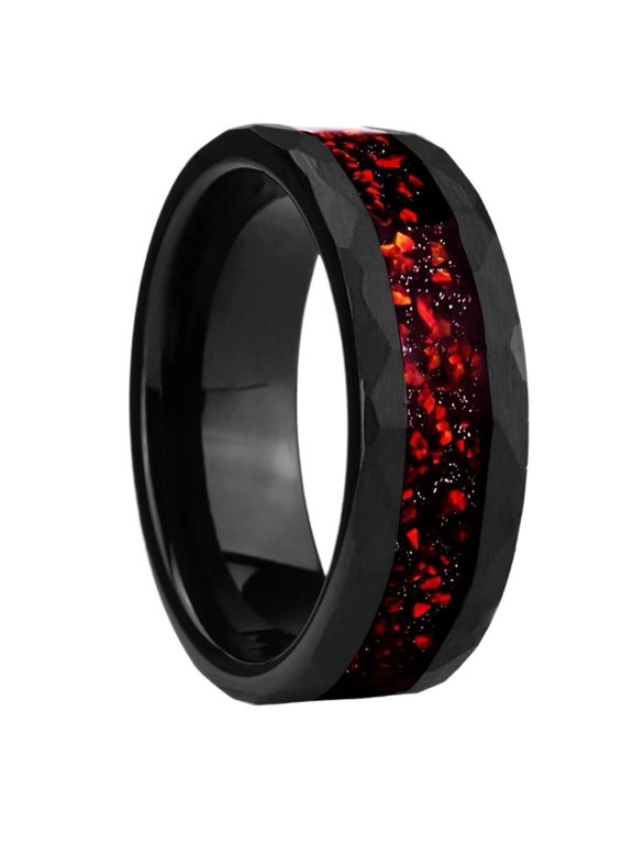 Men's 8mm Black Tungsten Carbide Ring Hammered Finish with Red Stone Inlay Comfort Fit Wedding Band
