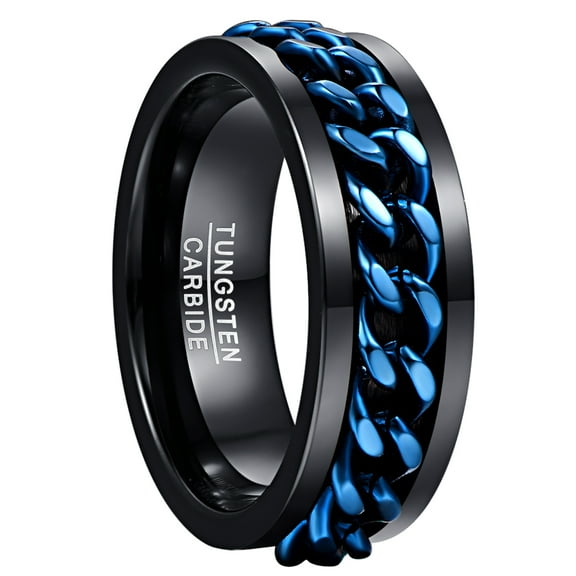 Men's 8mm Black Tungsten Carbide Ring with Blue Rotatable Chain Inlaid Size 6-12