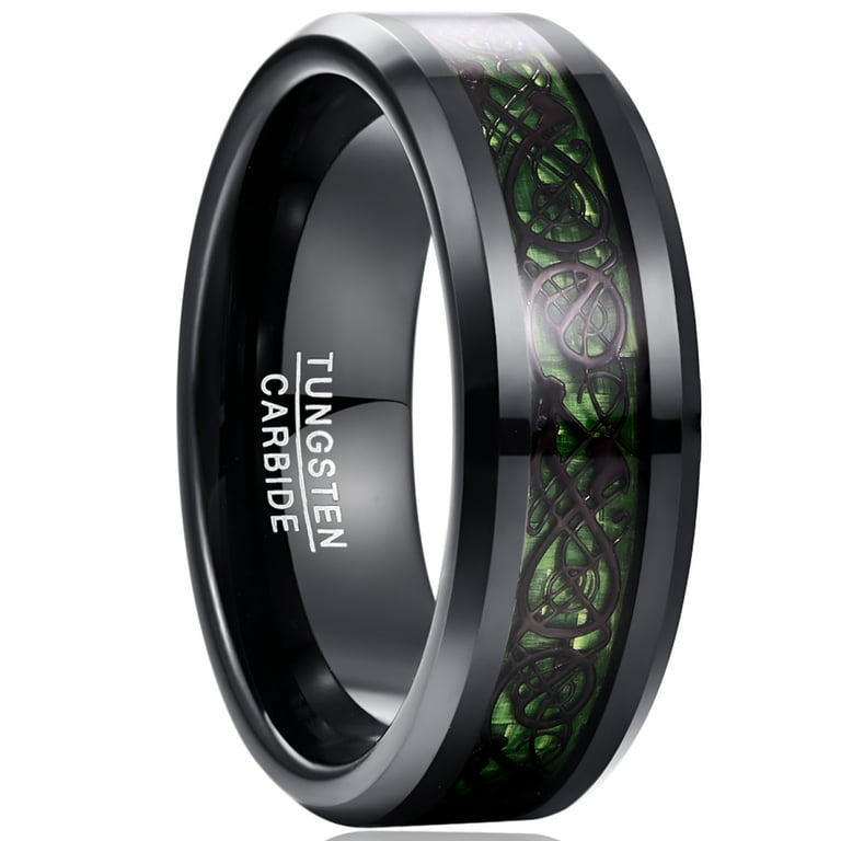 Men's 8mm Black Tungsten Carbide Wedding Ring Celtic Dragon