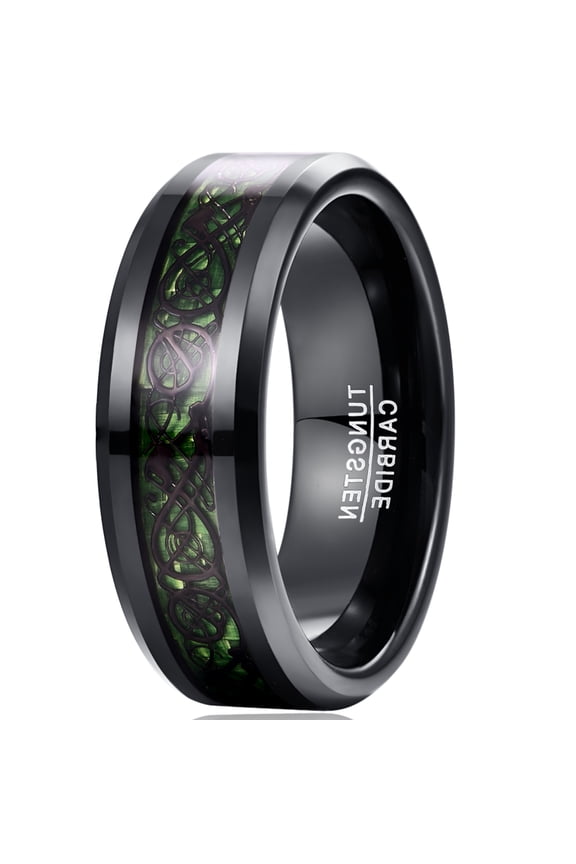 Men's 8mm Black Tungsten Carbide Wedding Ring Celtic Tungsten Ring Celtic Dragon Inlay Polished Finish Size 5-15