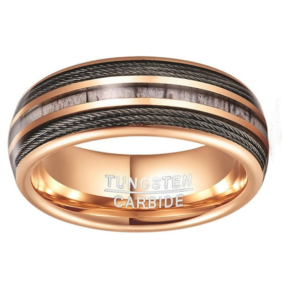 Men’s 8mm Dome Electroplated Rose Gold Tungsten Ring Vias + Deer Antler Wedding Bands Ring