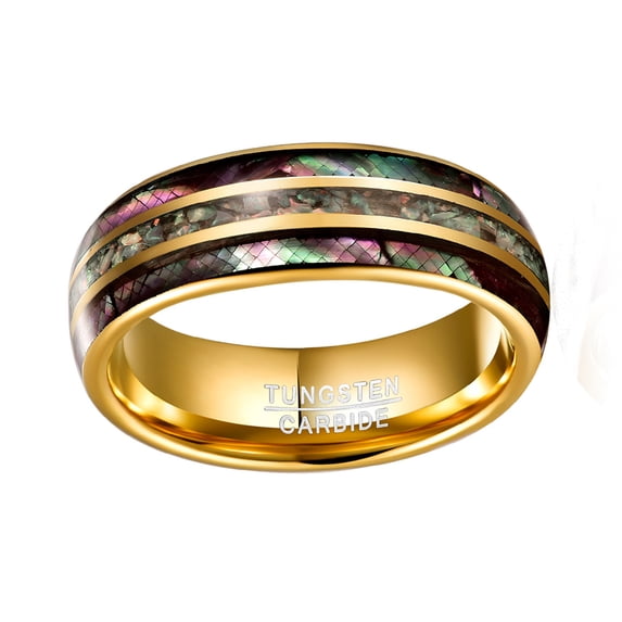 Men’s 8mm Gold Electric Gold Tungsten Ring Purple Shell Paper Broken Opal Inlaid