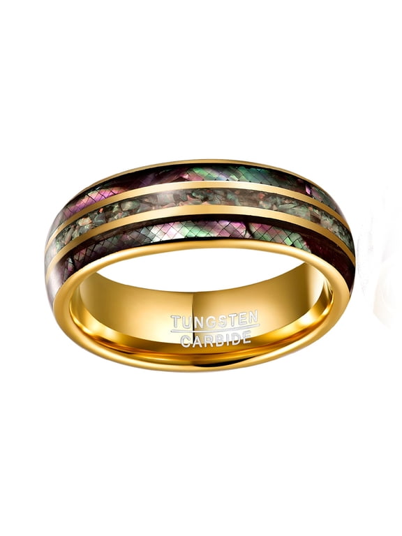 Men’s 8mm Gold Electric Gold Tungsten Ring Purple Shell Paper Broken Opal Inlaid