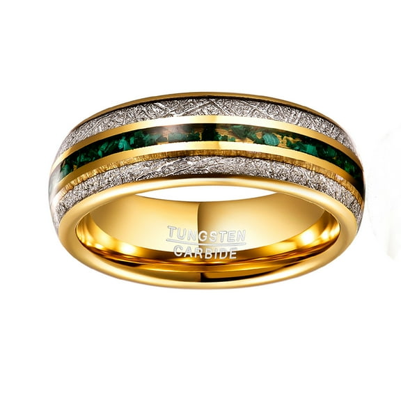 Men’s 8mm Gold Plating Meteorite and Green Gravel Inlaid Tungsten Steel Ring