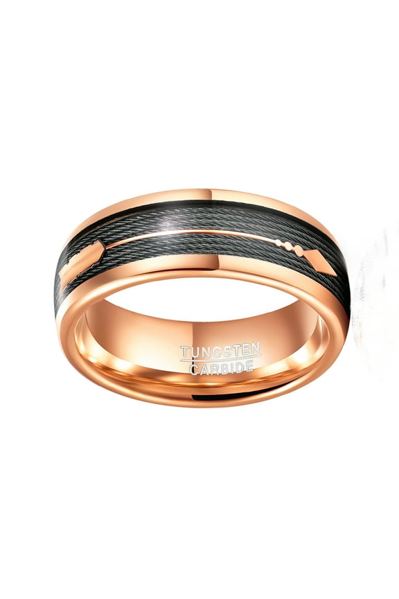 Men’s 8mm Plated Rose Gold Inlaid Arrow Tungsten Steel Ring Size 7-12