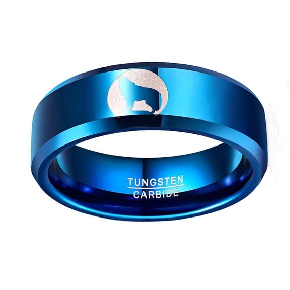 Men’s 8mm Polished Plating Blue Tungsten Steel Ring Laser Wolf Pattern