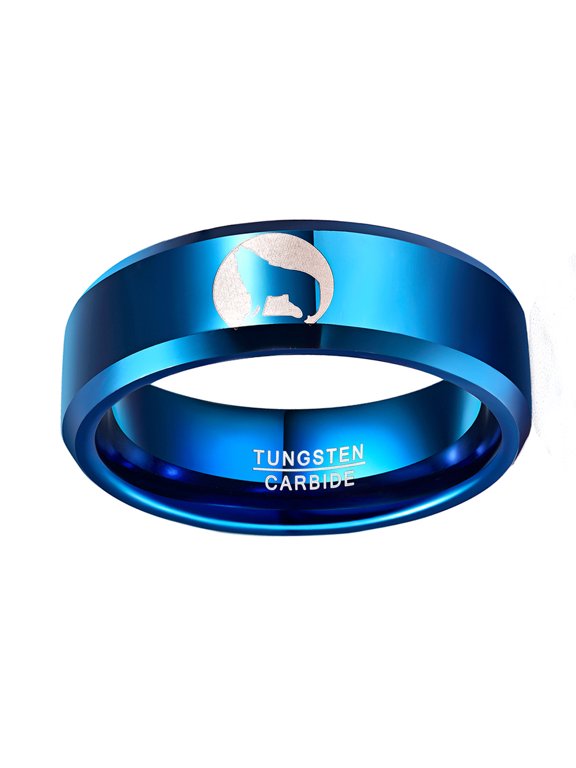 Men’s 8mm Polished Plating Blue Tungsten Steel Ring Laser Wolf Pattern