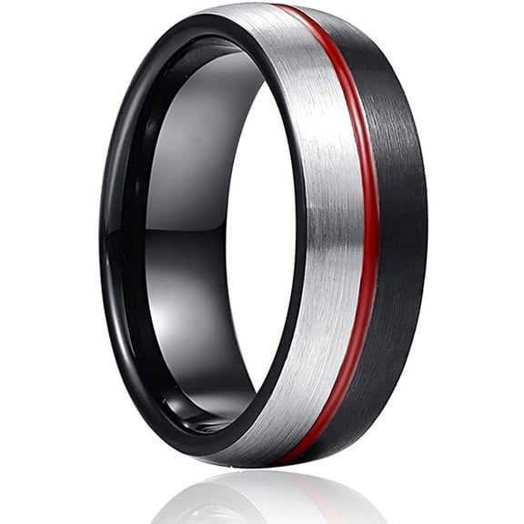 Men's 8mm Red Groove Two Tone Tungsten Ring Domed Brushed Finish Wedding Band Comfort Fit Size 7-12